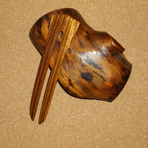 Zebra wood rounded 2 prong hairfork by Jeter and sold through Longhaired Jewels